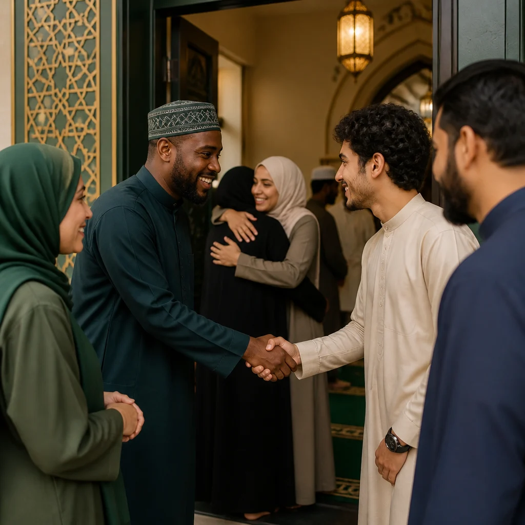 A welcoming community moment at a mosque entrance symbolizing belonging and support.