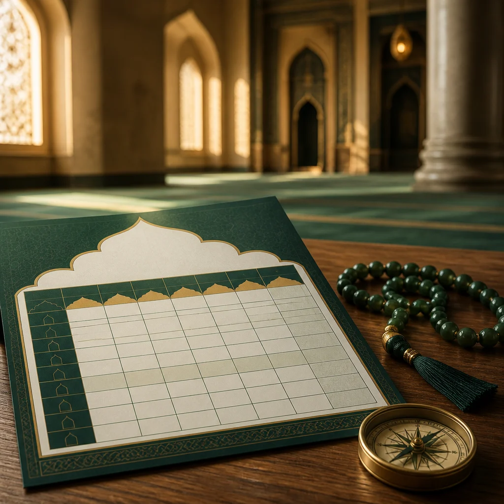 Prayer timetable concept with warm light and timeless Islamic ambience for planning daily worship.