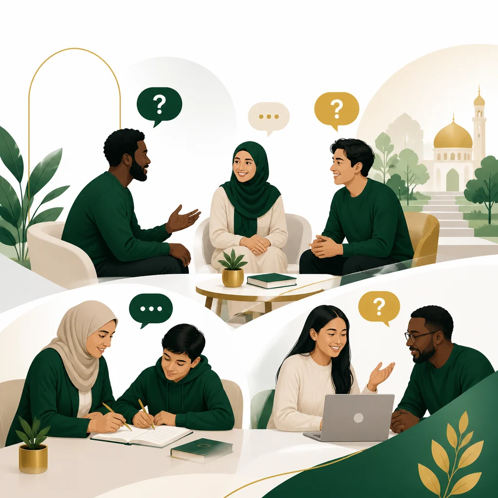 Illustration showing a welcoming environment for new Muslims and shared learning.