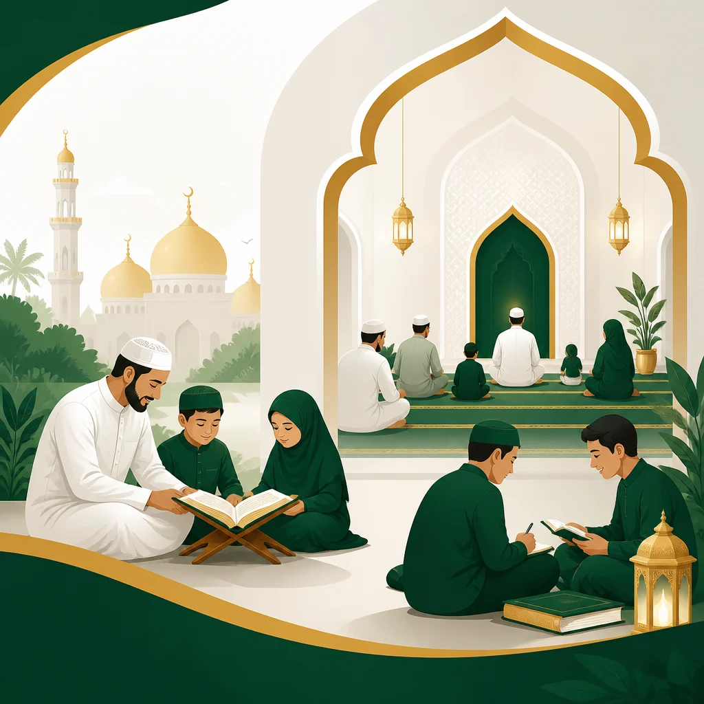 Illustration of a welcoming masjid community space with worship and learning moments.