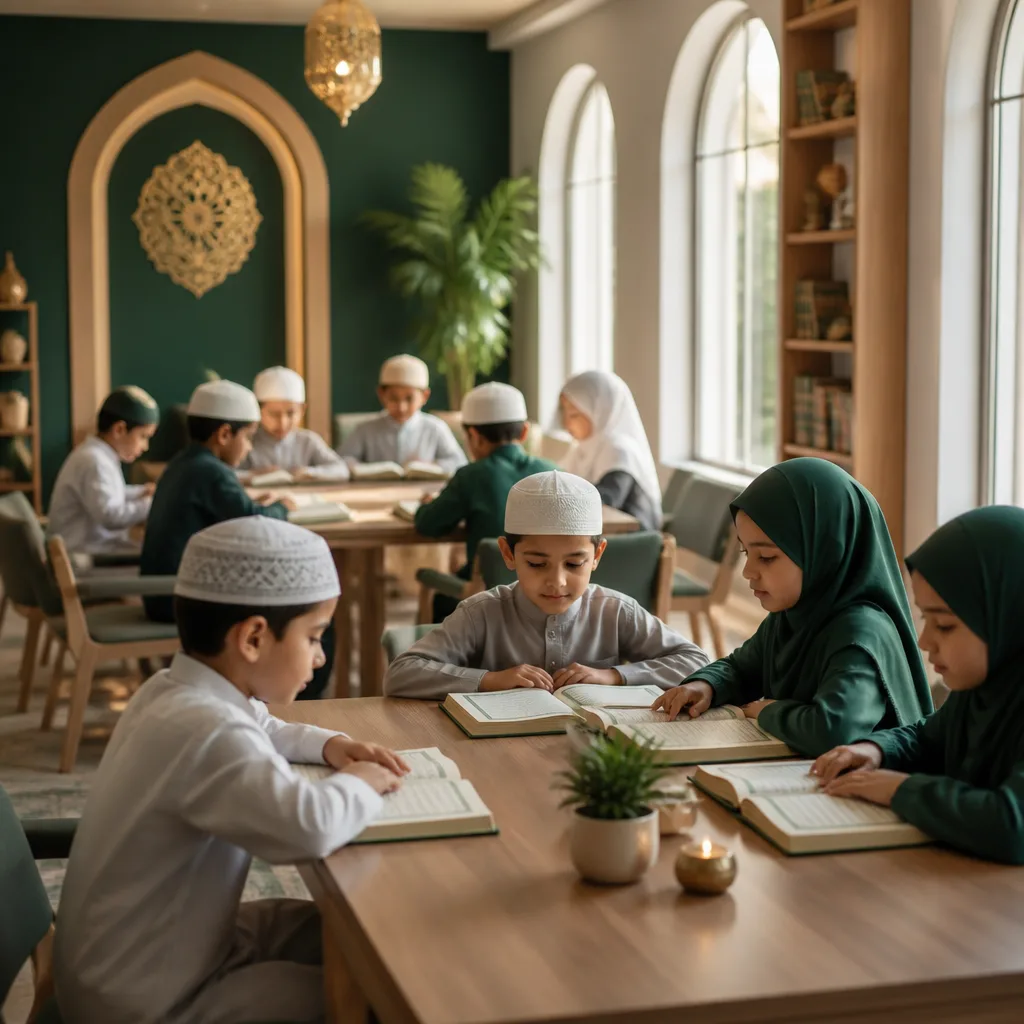 Children learning Qur’an in a warm, welcoming classroom environment at AMCC.