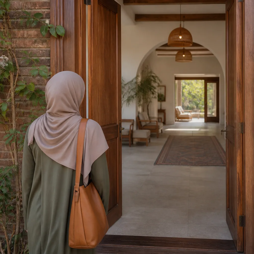 Woman arriving at a welcoming community entrance