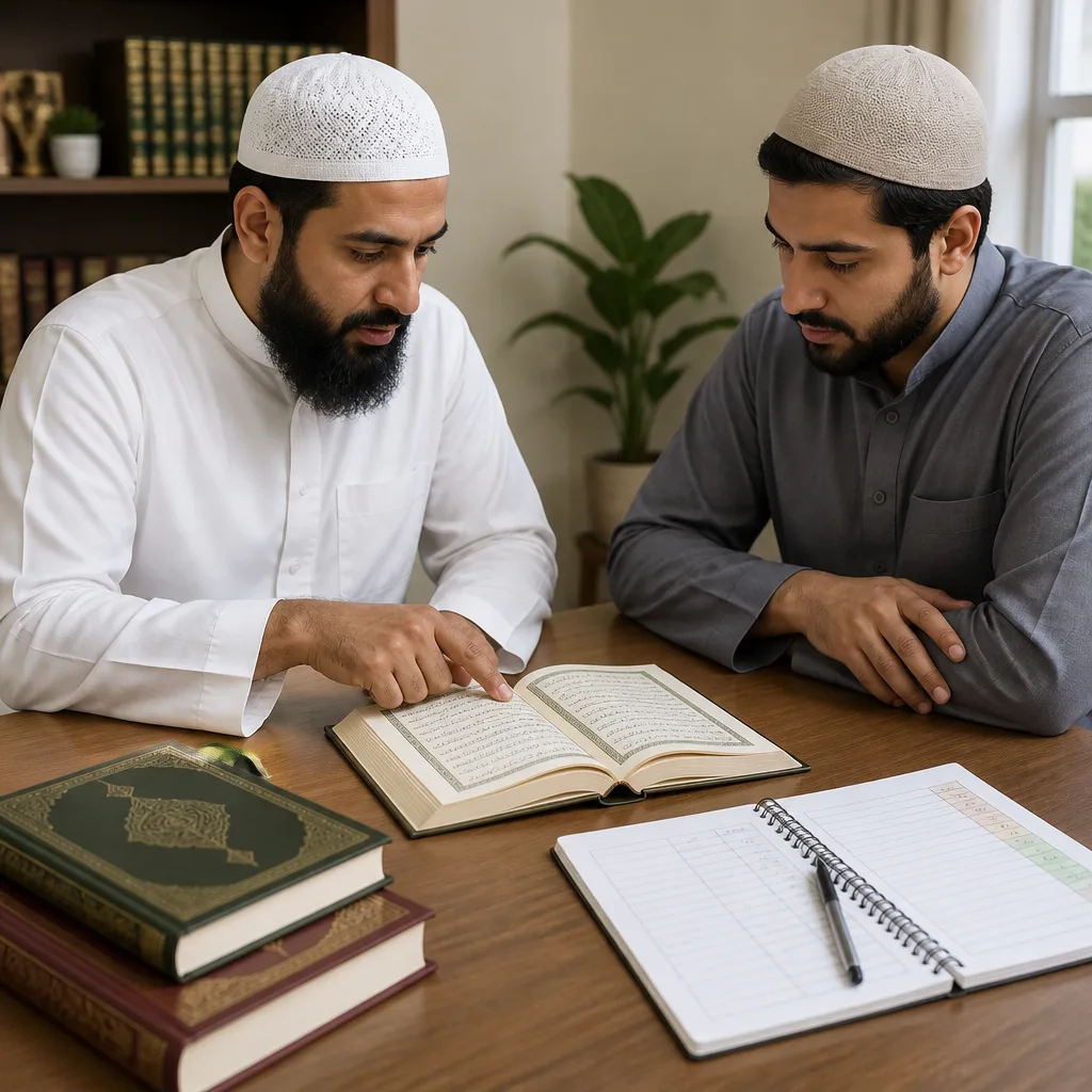 A teacher providing guidance and feedback during adult Hifz learning