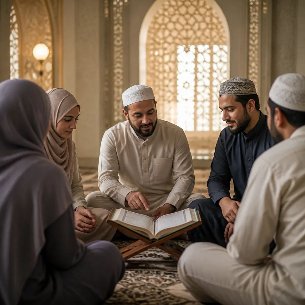 Adults learning the Qur’an together in a peaceful mosque setting