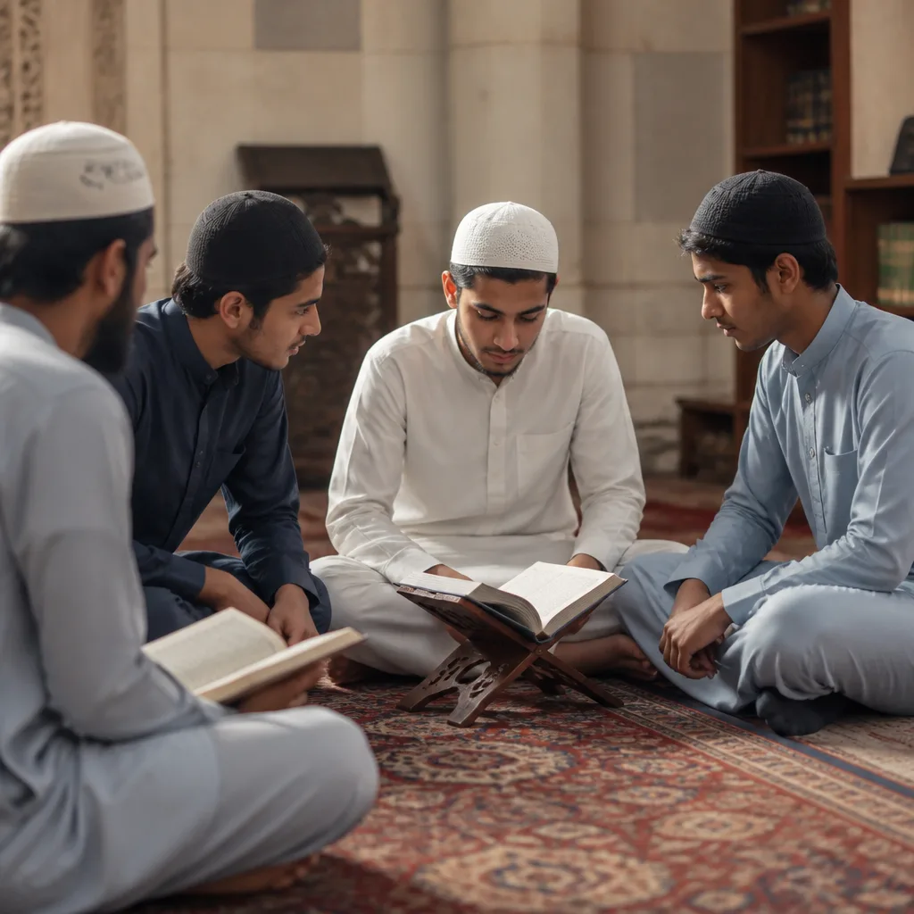 Brothers gathering for a calm study and guidance session in a mosque setting.