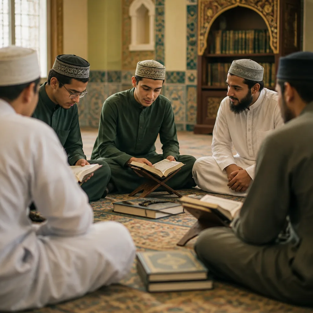 Young Muslim men learning together in a peaceful Quran study circle at AMCC.