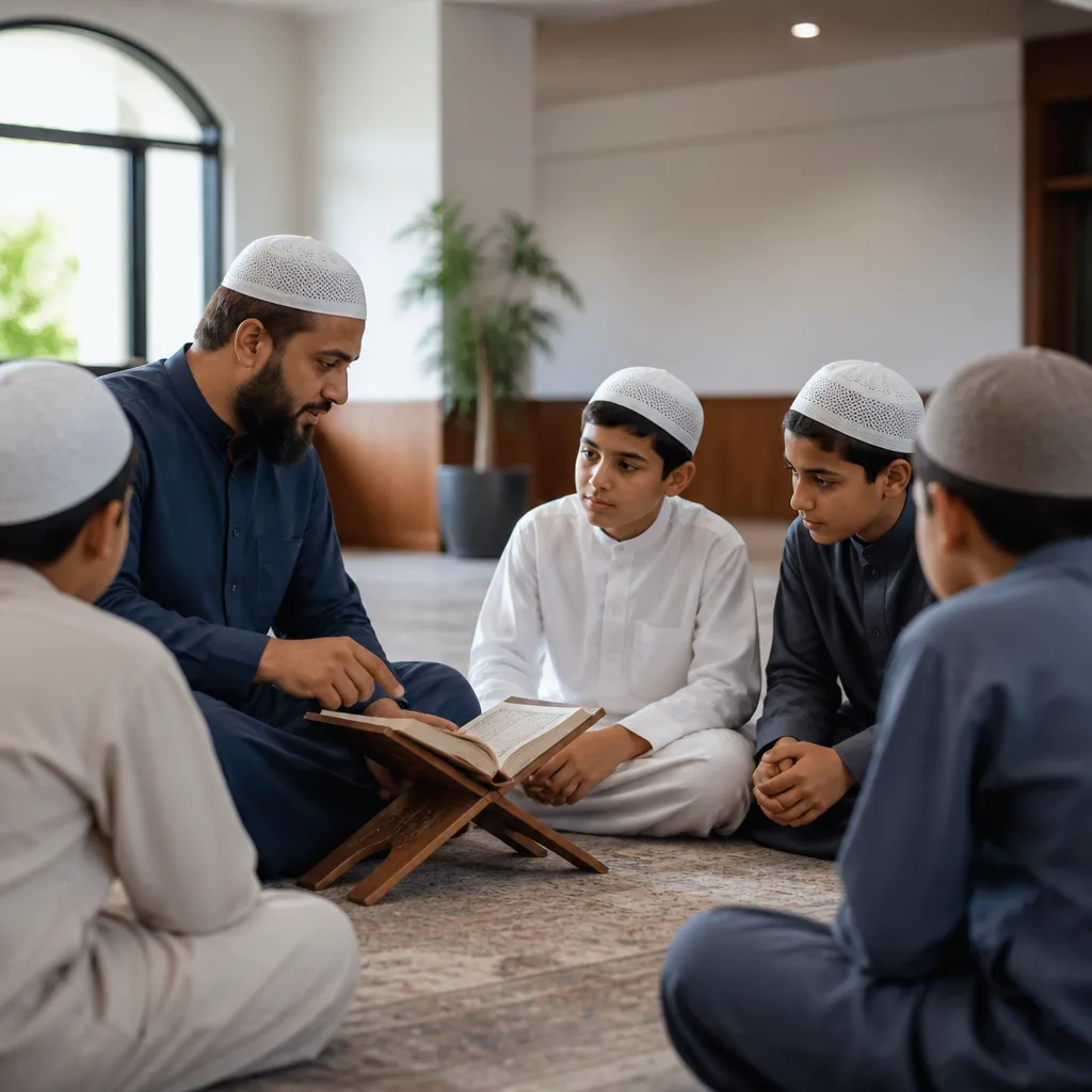 Teacher guiding students during Qur’an memorization in a community learning space