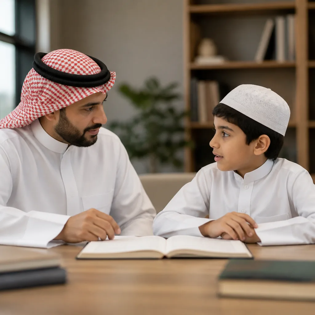 Teacher reviewing a student’s recitation during a structured learning session