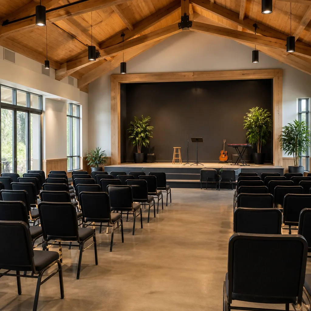 A clean event hall interior arranged for gatherings