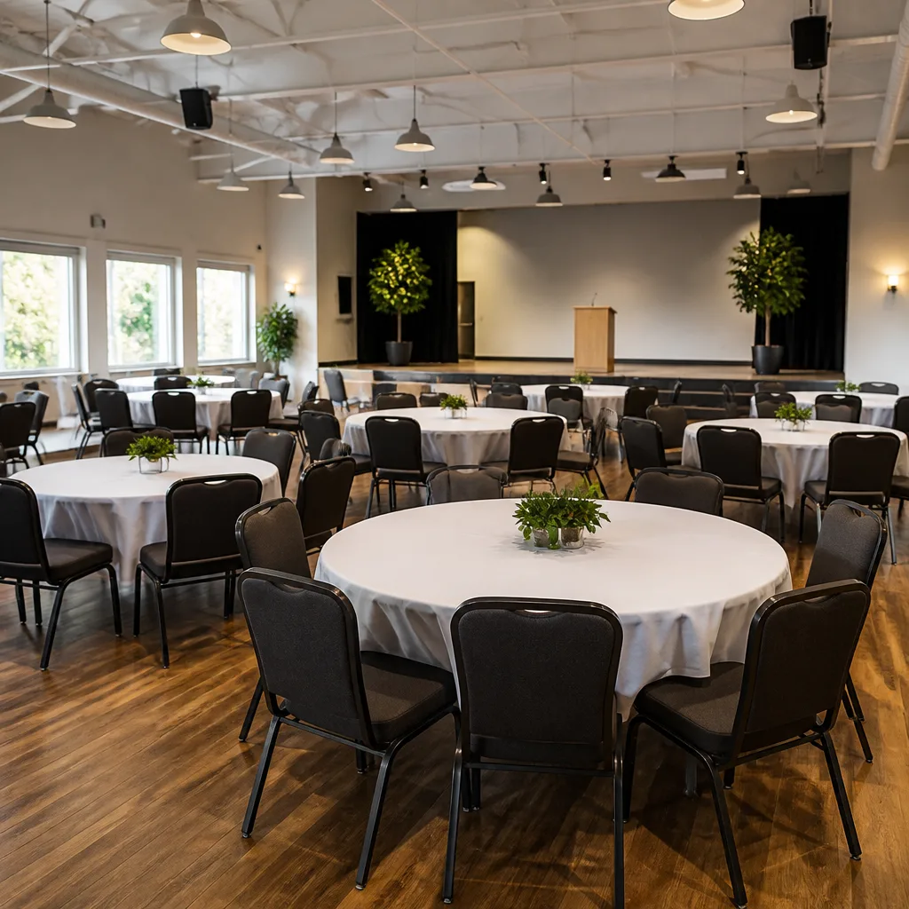 Prepared community hall interior with event seating