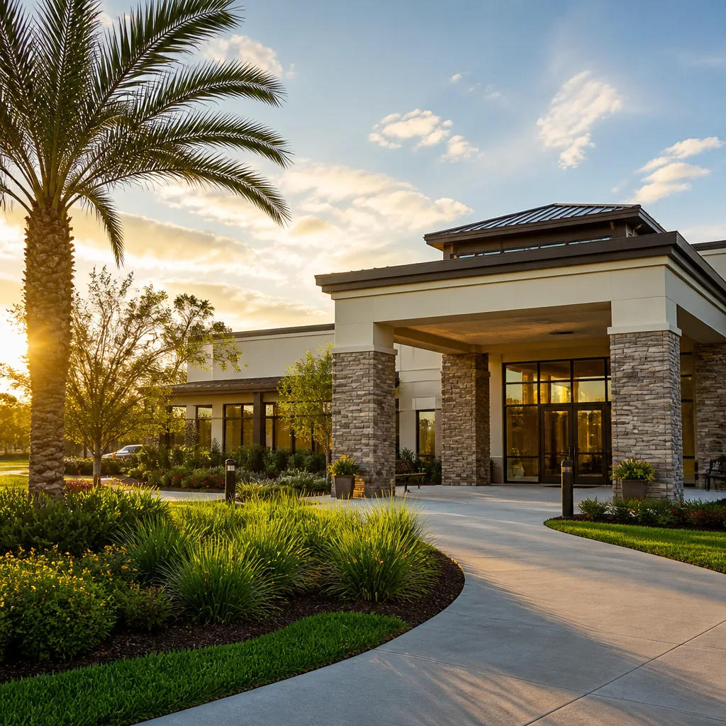 Welcoming community center entrance in warm natural light