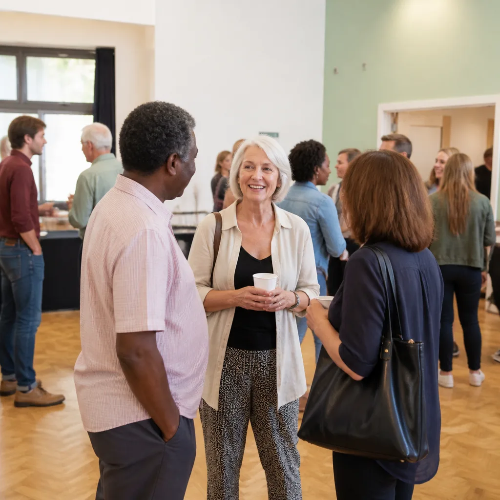 People warmly conversing inside a community hall