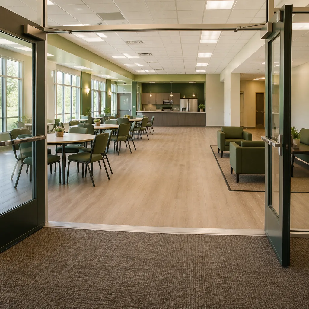 A clean and accessible community hall setup for comfortable family gatherings.