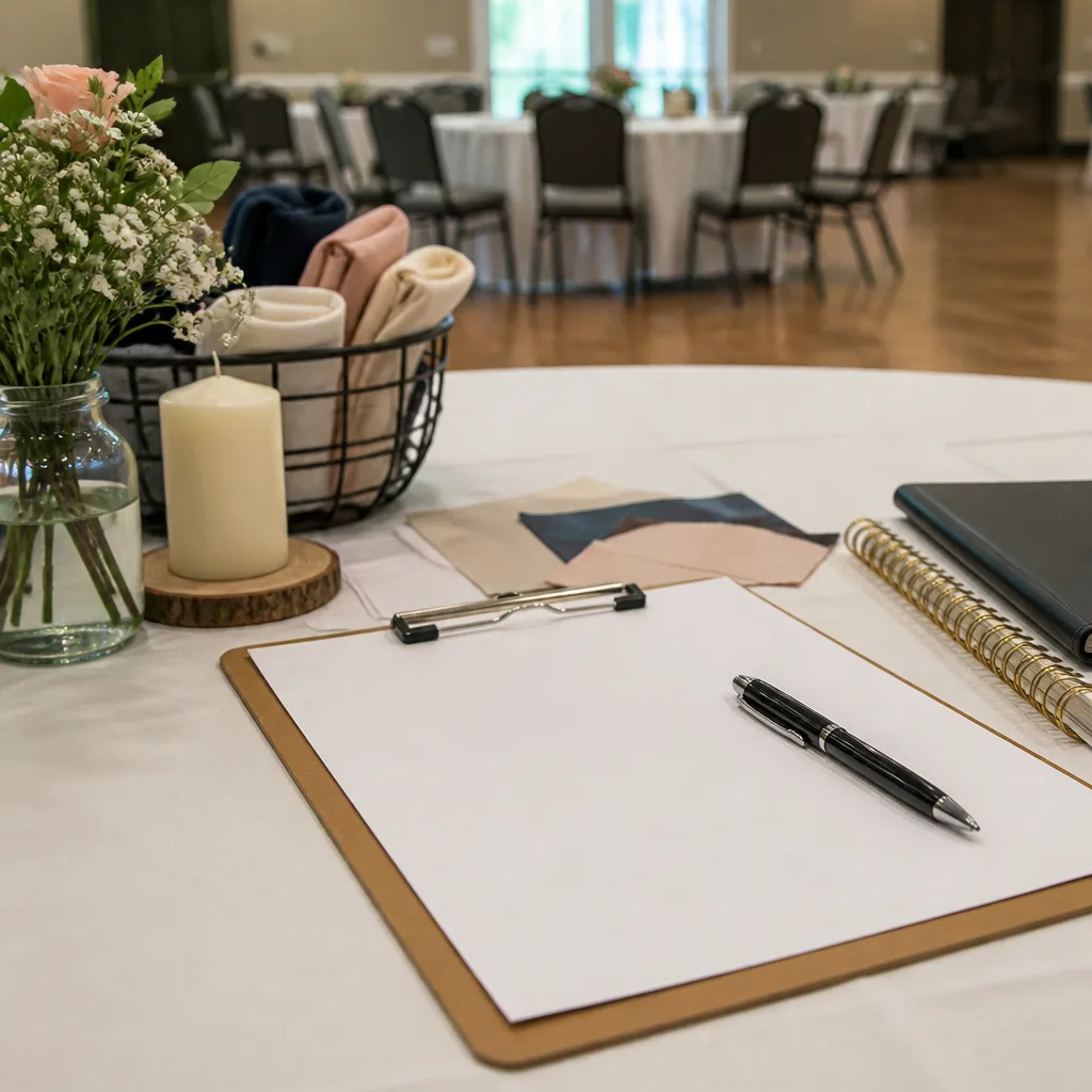 Event planning essentials on a table in a calm, community hall atmosphere.