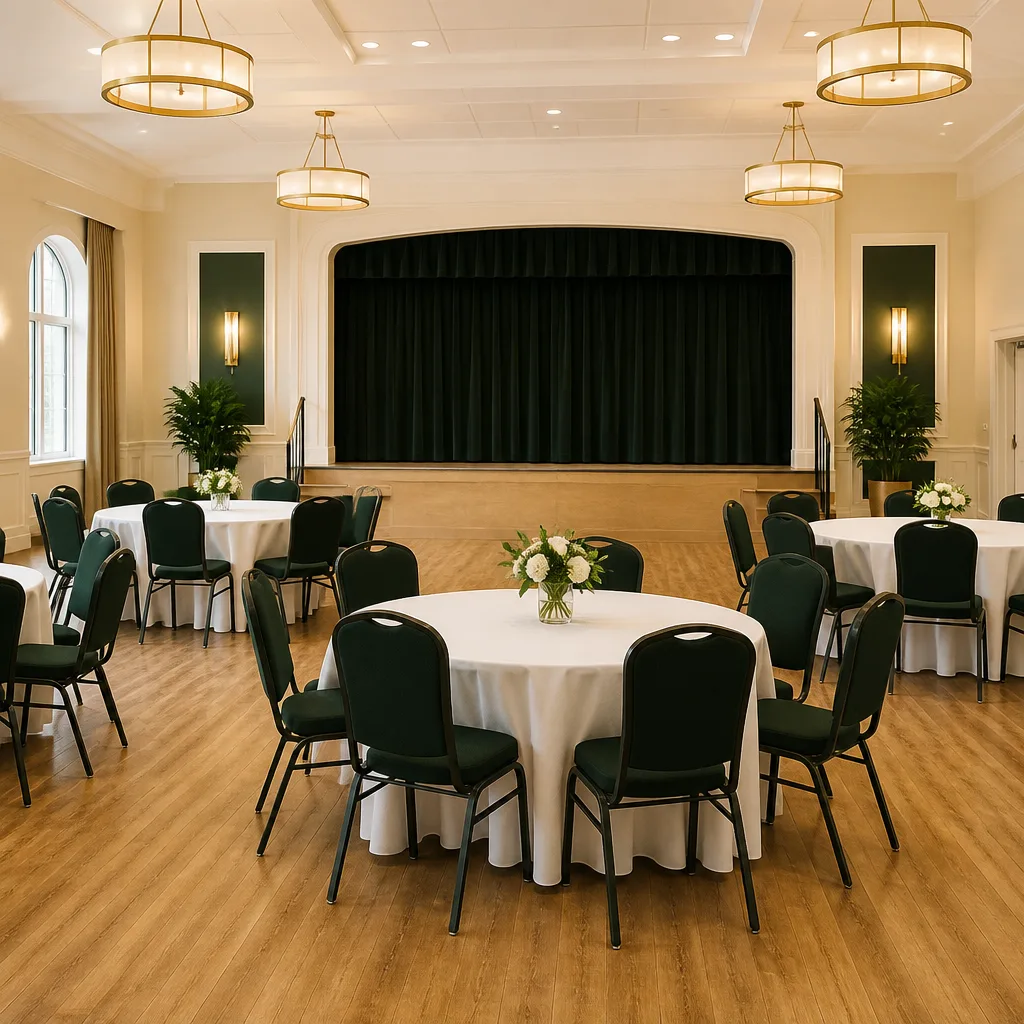 A clean, organized multipurpose hall setup for community gatherings and family-friendly programming.