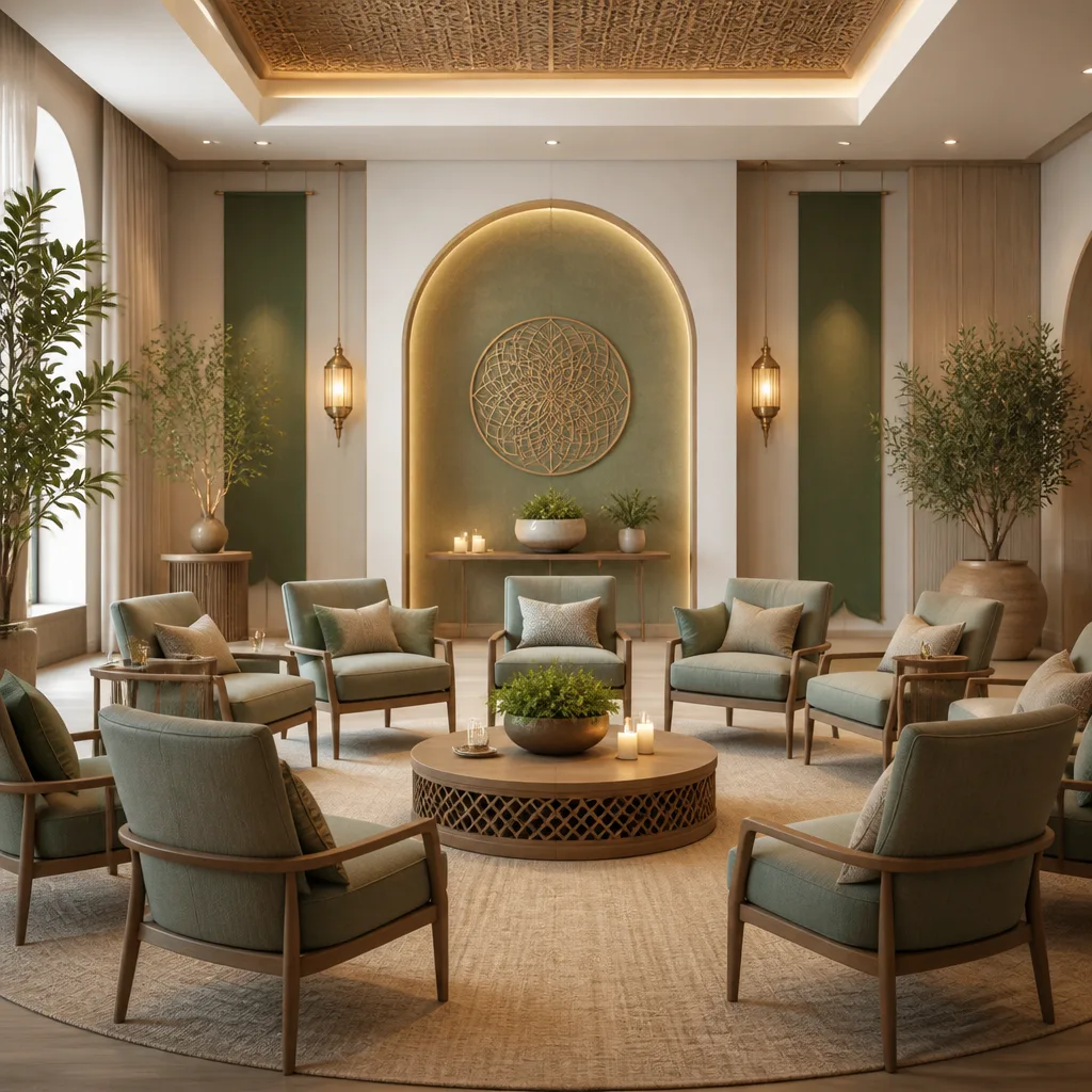 A serene community conversation setup in a warm hall environment with subtle green and gold accents.