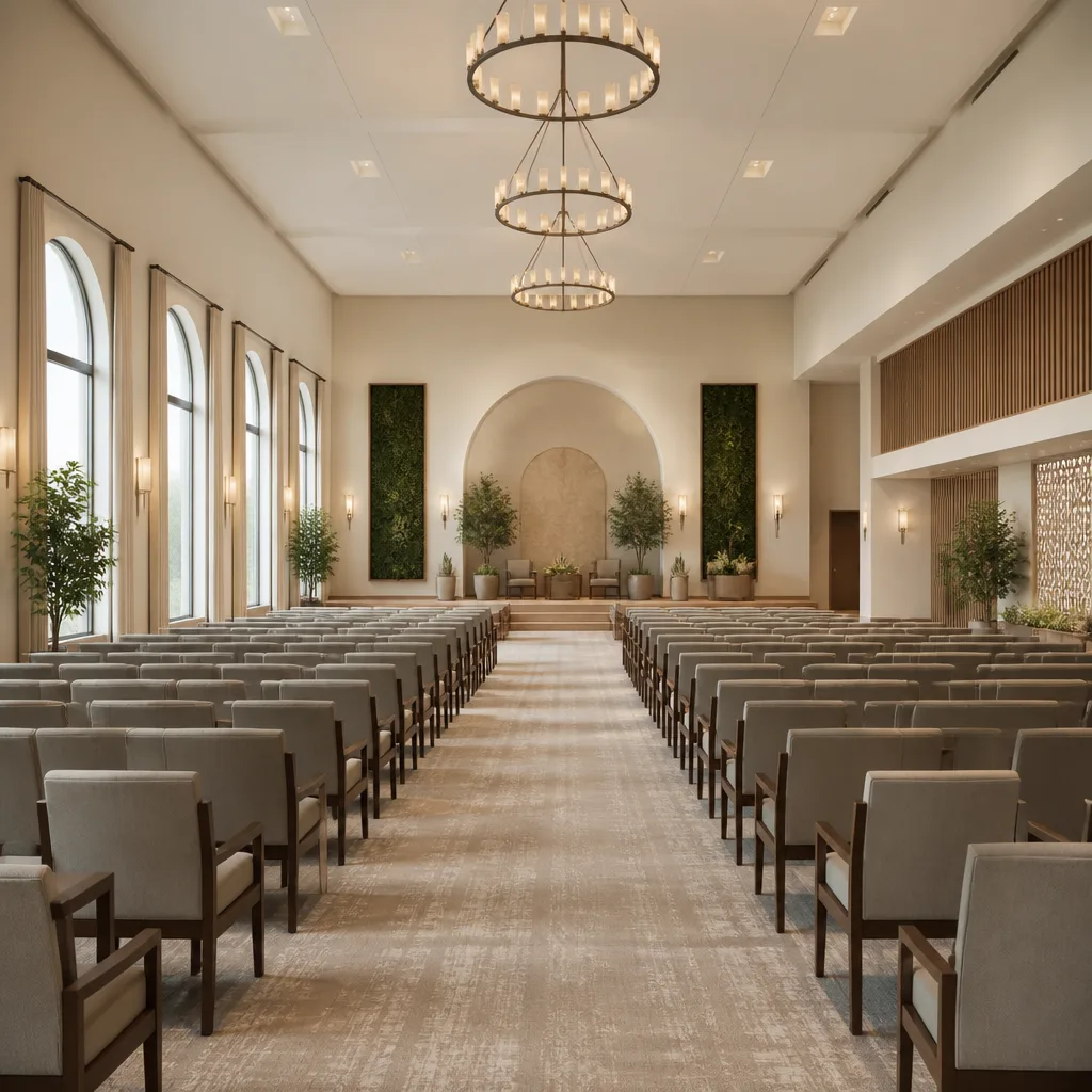 A bright, welcoming service hall interior with comfortable seating and subtle green accents for interfaith community events.