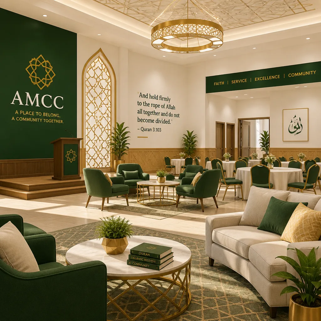 Illustration of a welcoming community hall interior for family and community gatherings at AMCC in Longwood, FL.