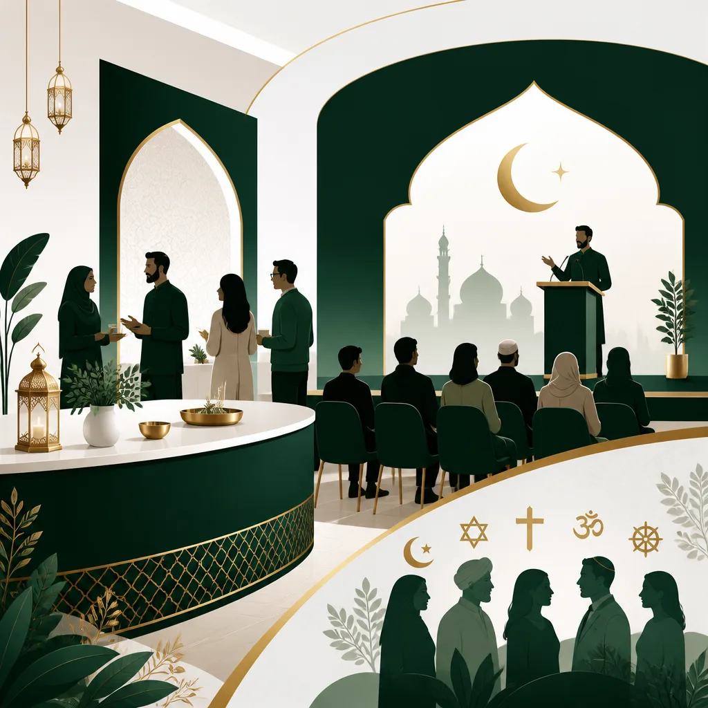 Illustration representing AMCC hall rental event types such as weddings, lectures, Ramadan gatherings, community meals, and interfaith programs.
