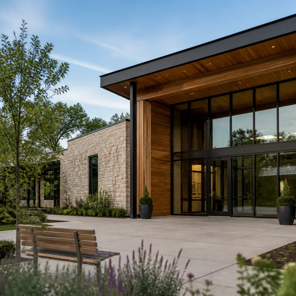 Welcoming community center entrance at golden-hour lighting