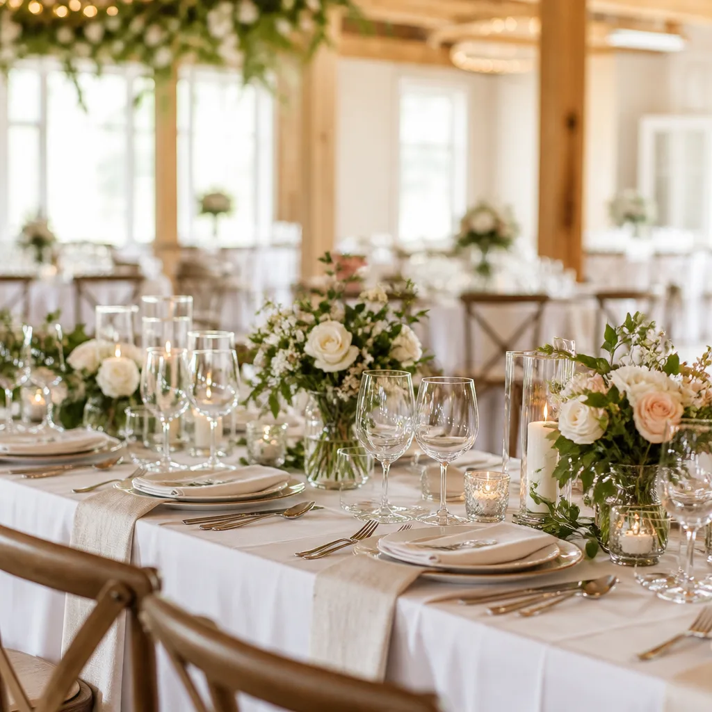 Decorated reception table in a community event hall