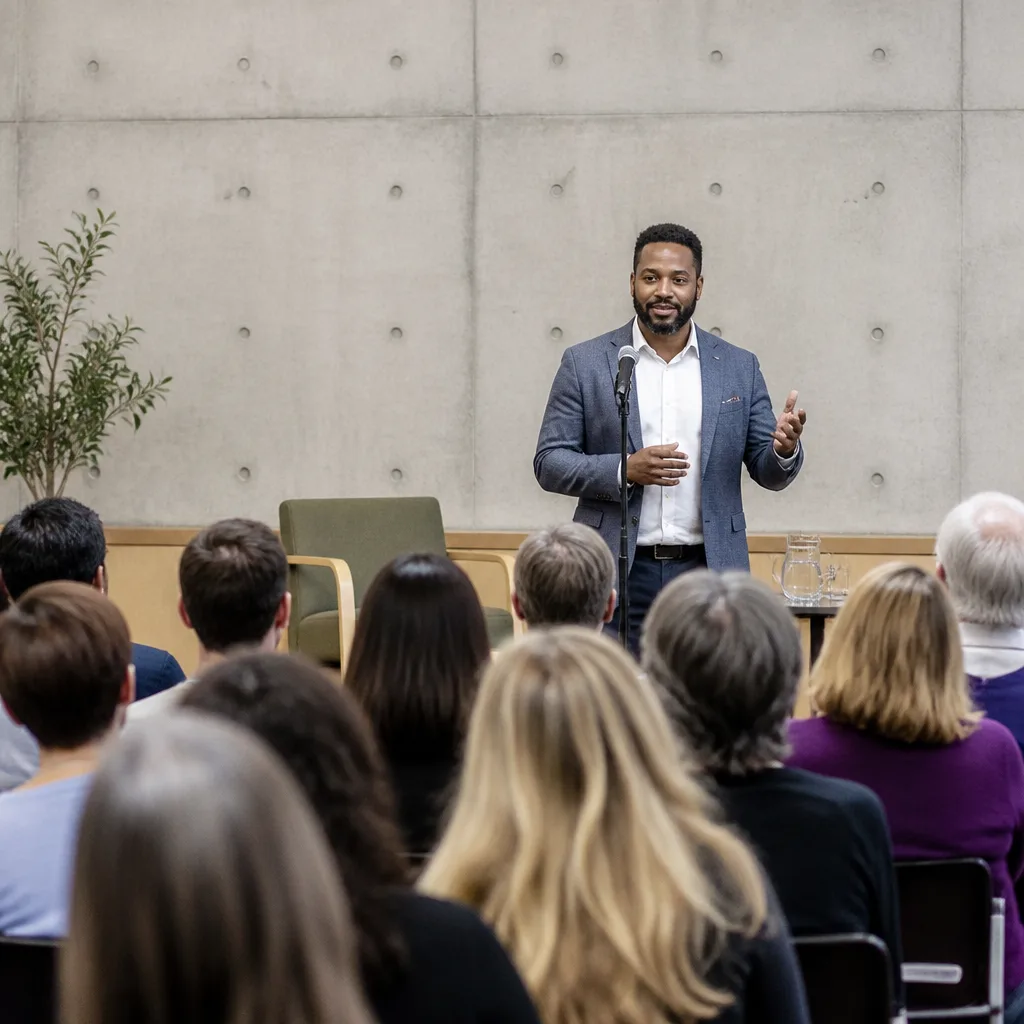 Guest speaker at the front of a community hall with audience seated