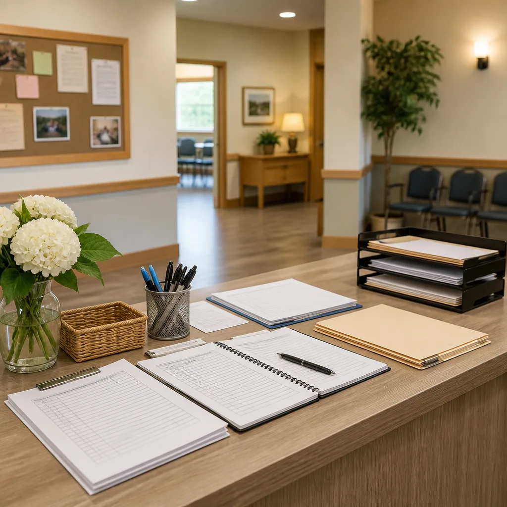 A tidy planning setup for coordinating a community event at a hall