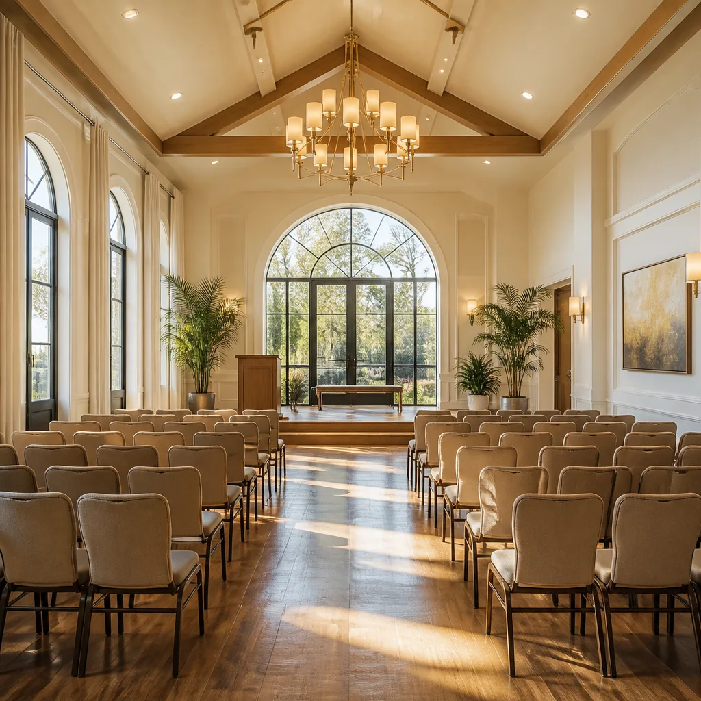 A bright community hall interior with tables and chairs set for events and soft gold accents