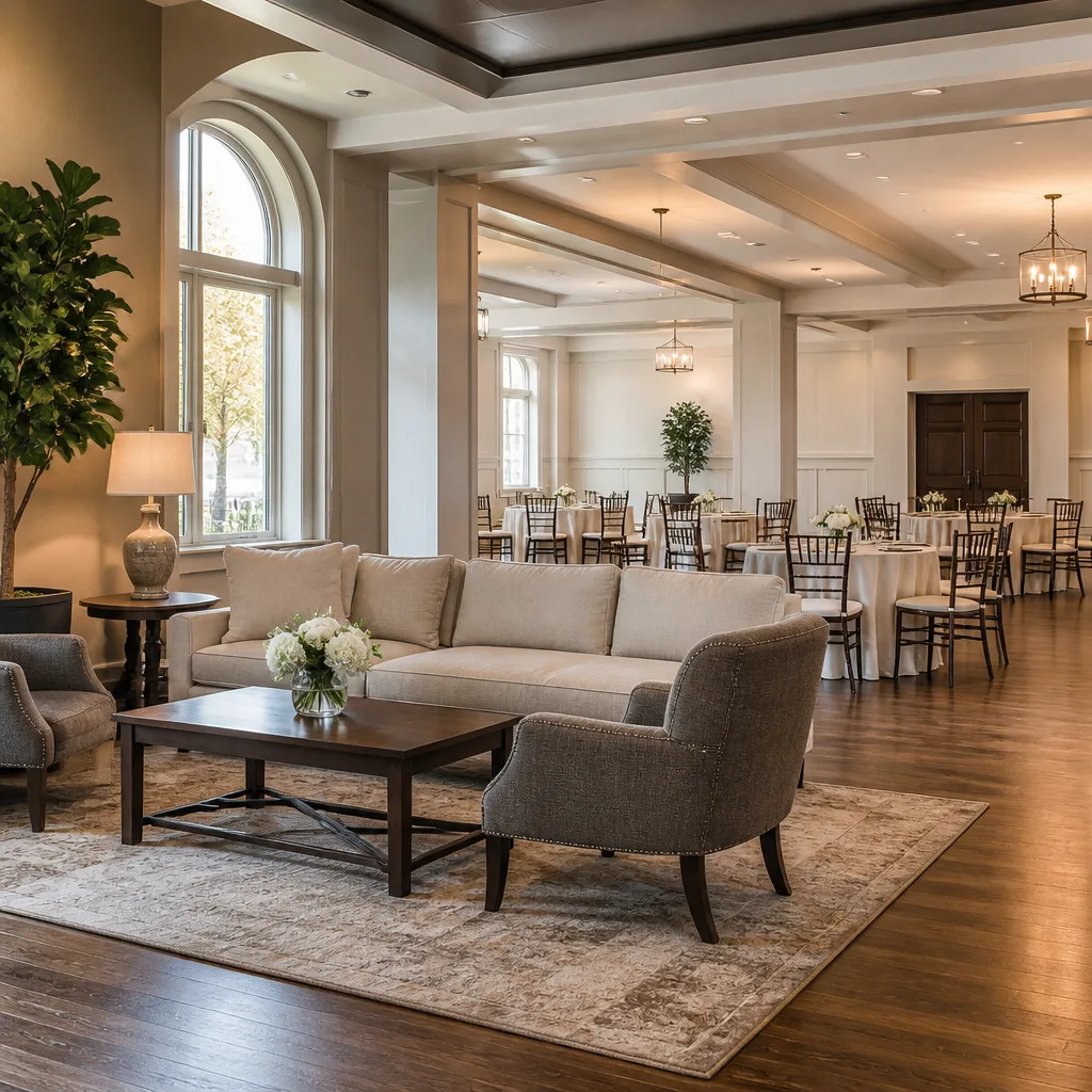 Warm, welcoming service hall interior with elegant reception seating