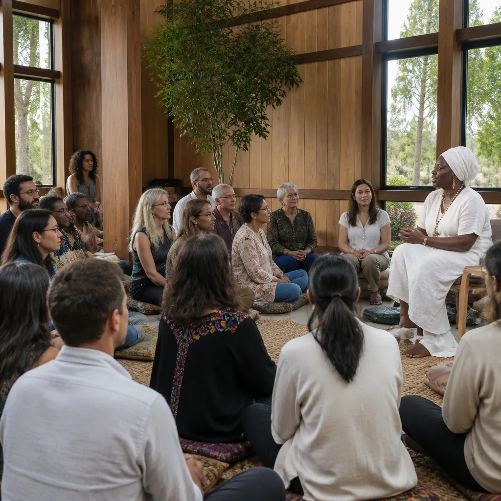Community members gathered respectfully in a service hall