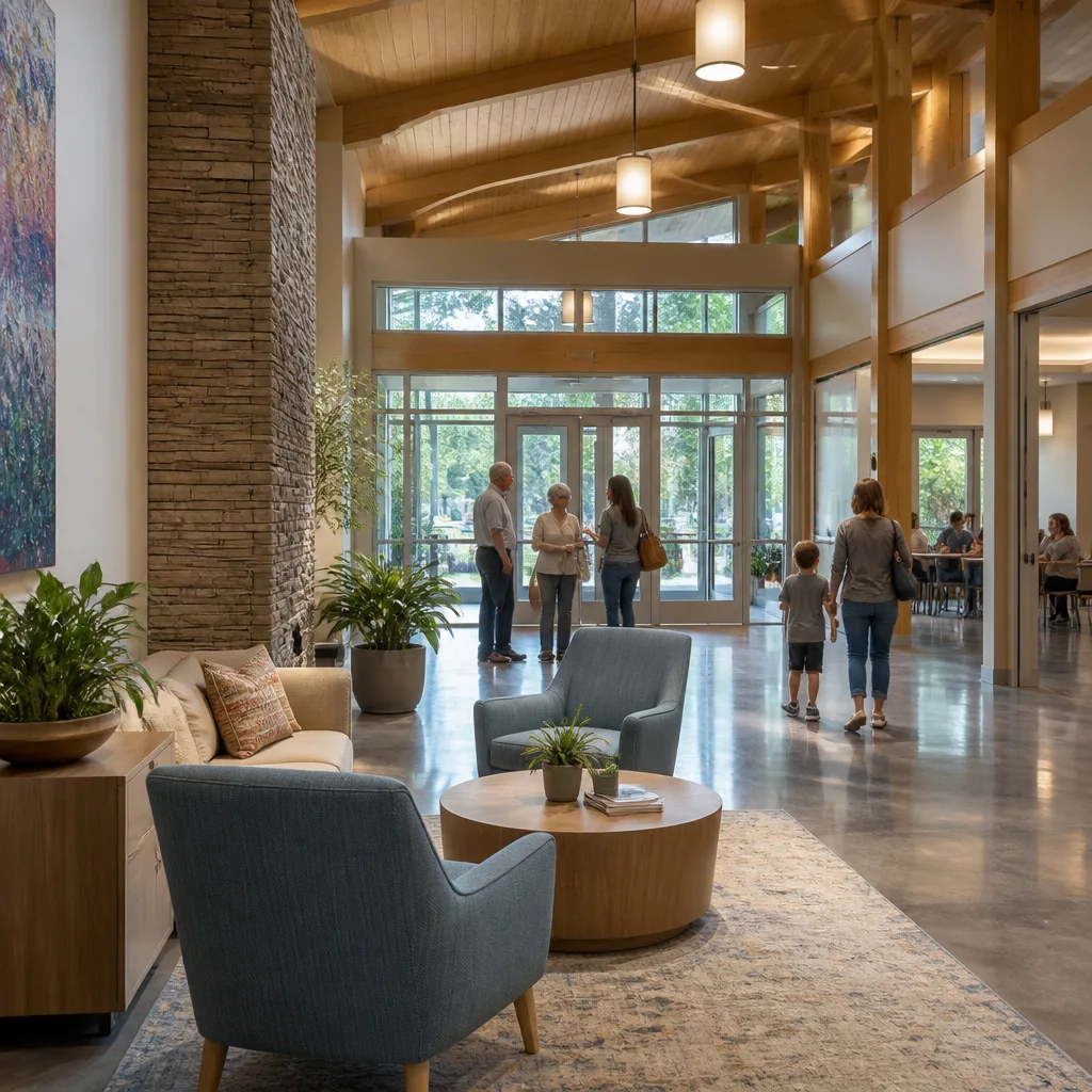 Warmly lit community center interior with inviting seating area