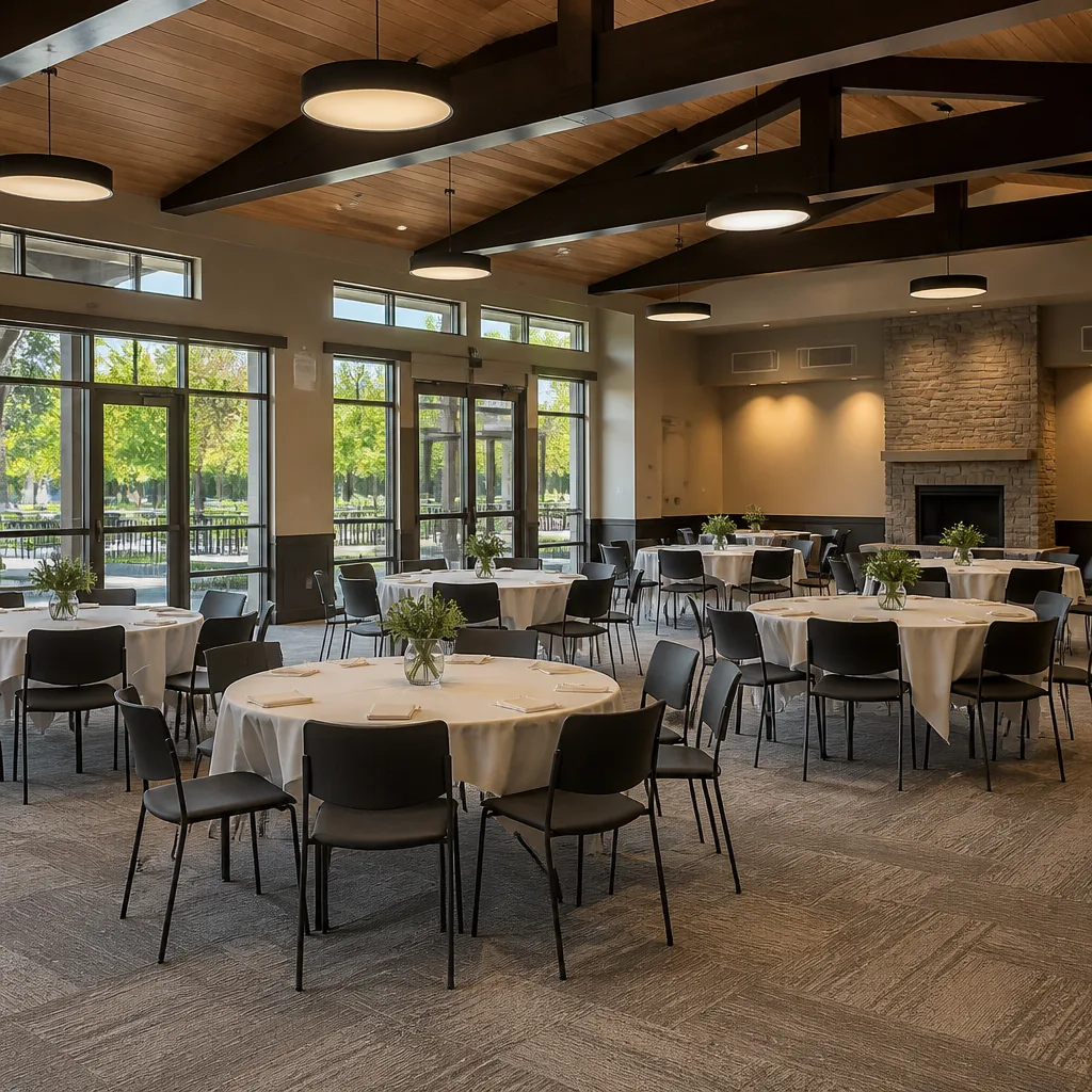Bright, versatile event room with clean seating arrangement