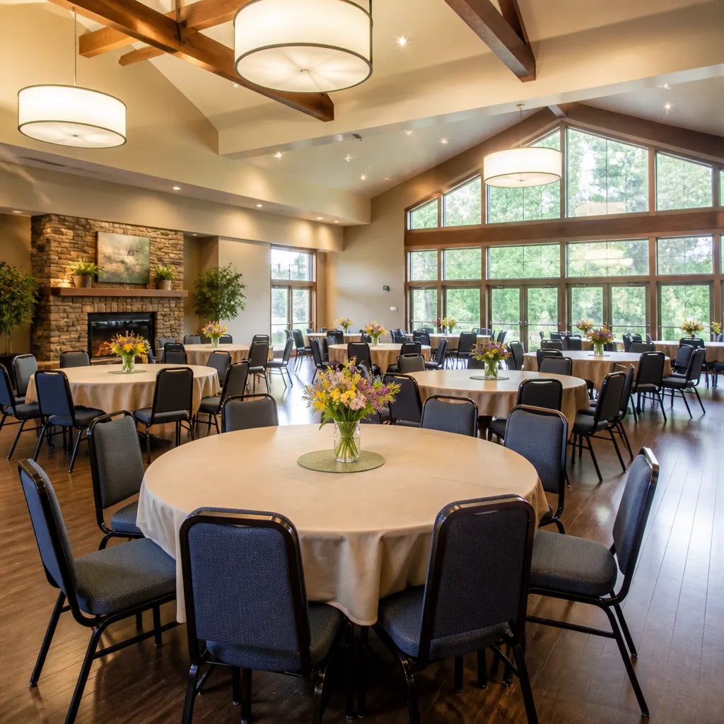 Community hall interior set for gatherings