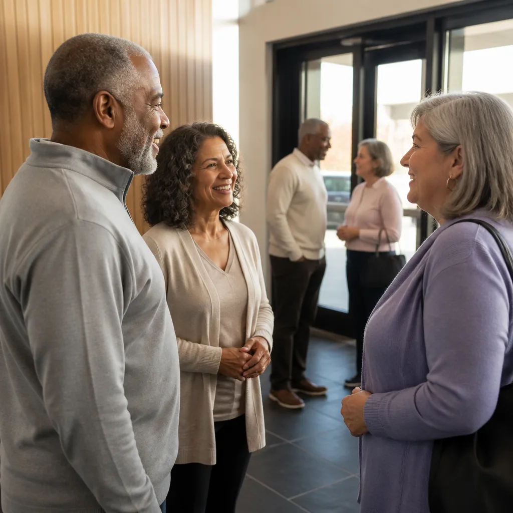 People talking near a community center entrance