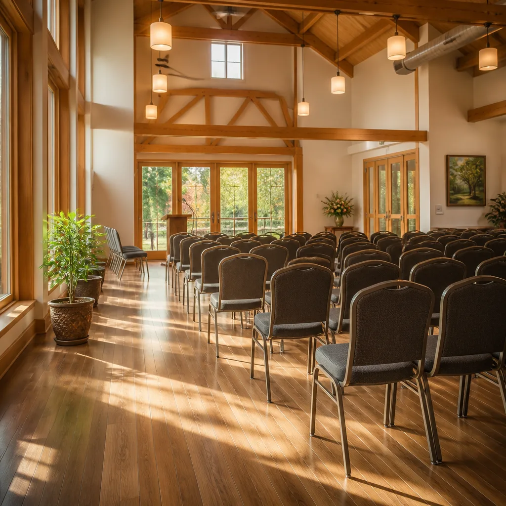 Welcoming community hall interior with event seating and warm natural light