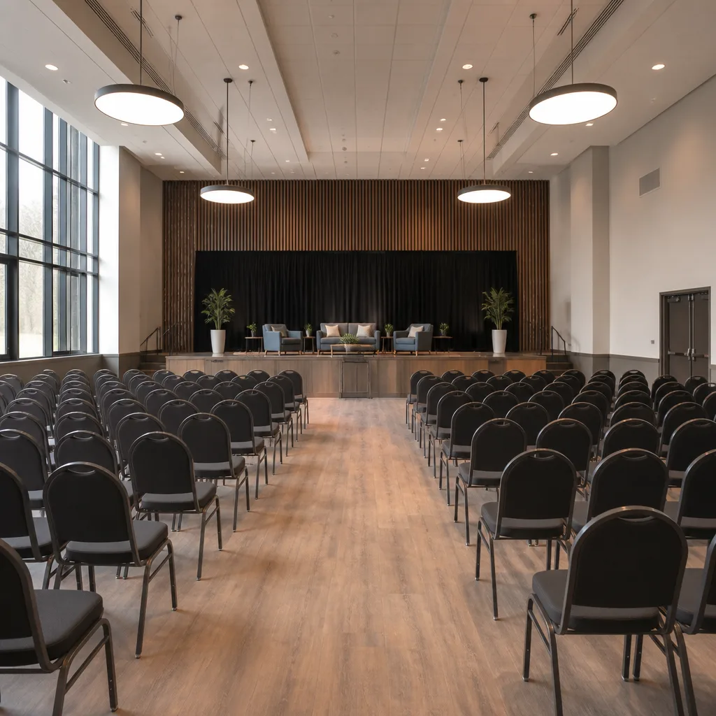 Clean indoor event hall setup with program seating and a stage area