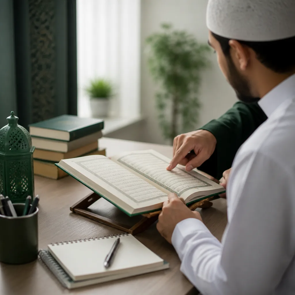 Adult learner reviewing Qur’an with focus and guidance in a calm study setting