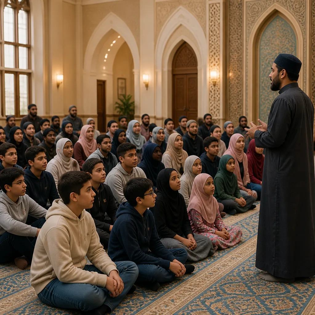 A community gathering in a mosque hall supporting Qur’an memorization and recognition.