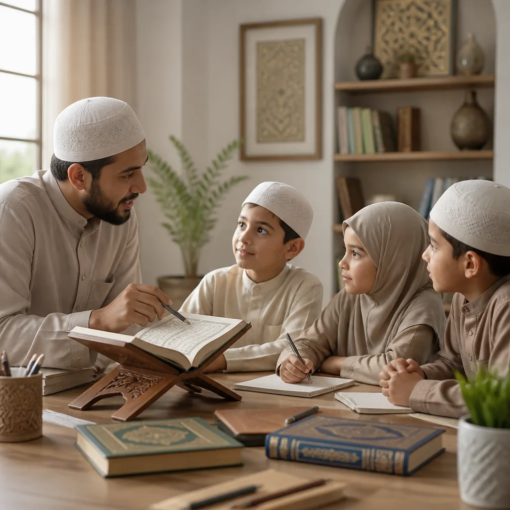 A teacher and students learning together with Qur’an materials in a focused environment.