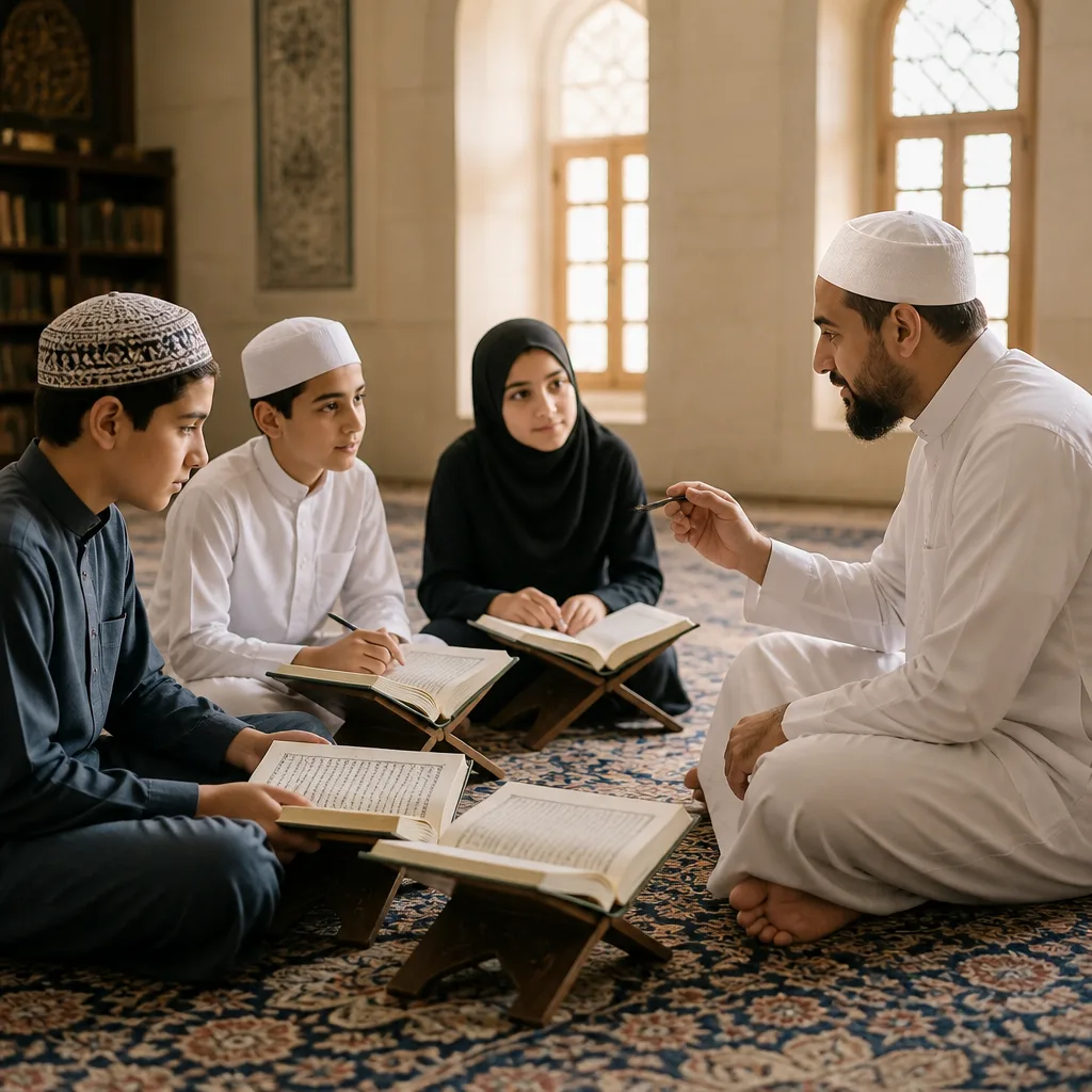 Students studying Qur’an with teacher guidance in a calm mosque learning setting.