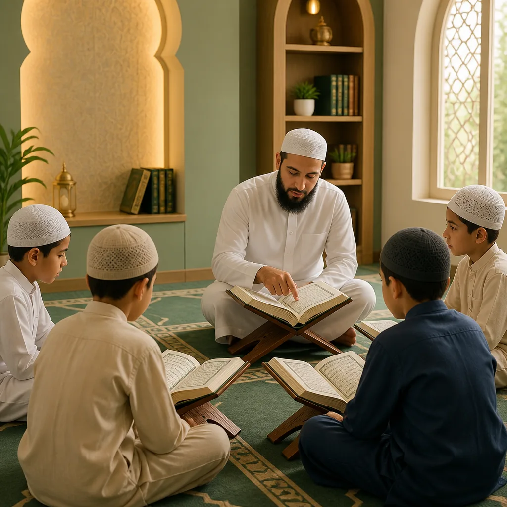 Students practicing Qur’an recitation and Tajweed with a teacher.