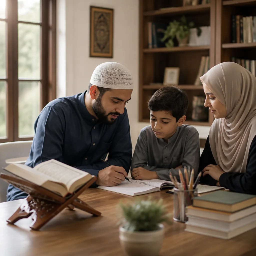 Teacher-guided Qur’an review with a homeschooling family.