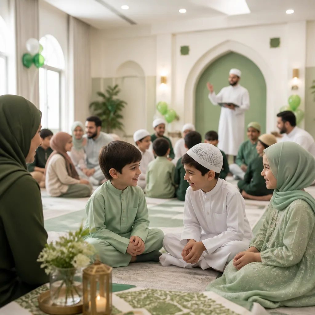 Families and children participating in a Quran learning recognition moment in a community hall.
