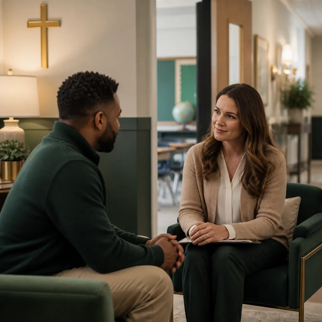 A parent and teacher having a supportive conversation in a calm community setting.