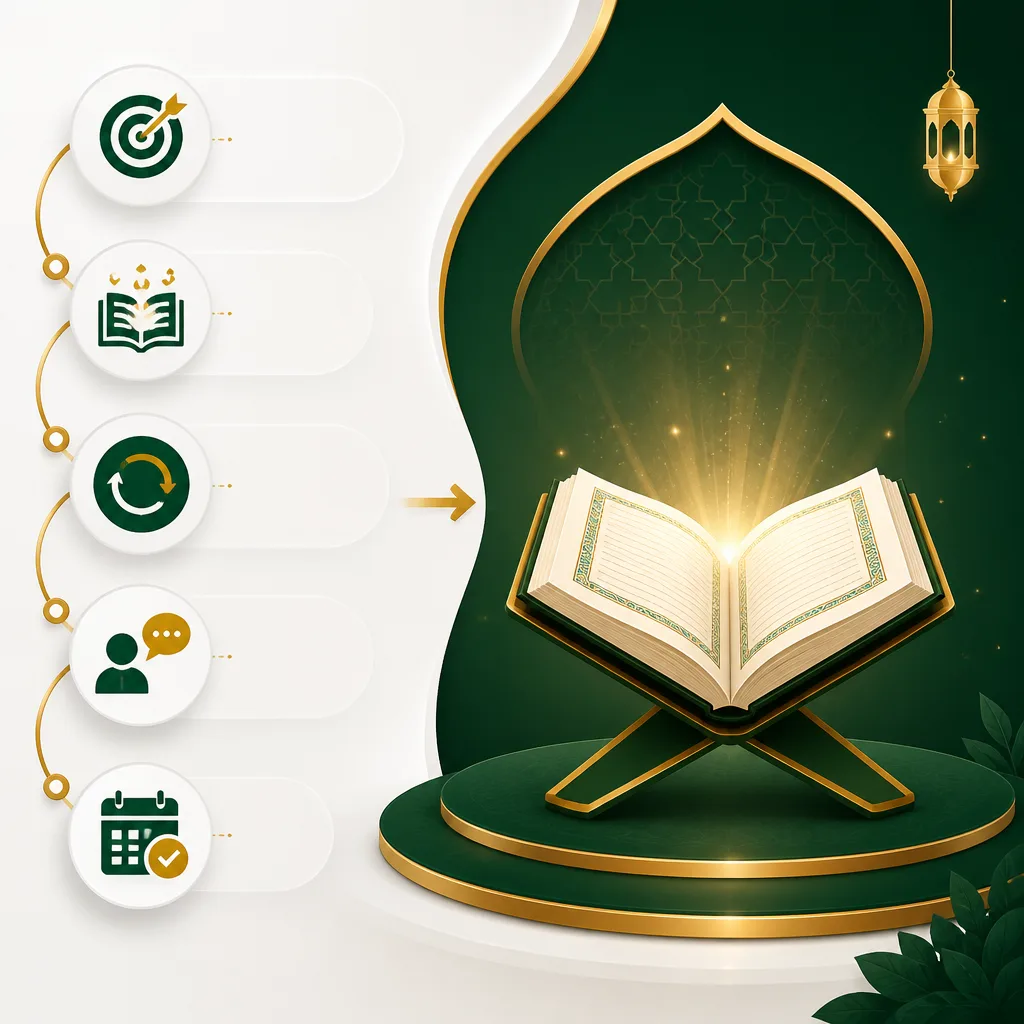 Illustration representing a structured, practical learning method for Quran memorization including review and feedback.