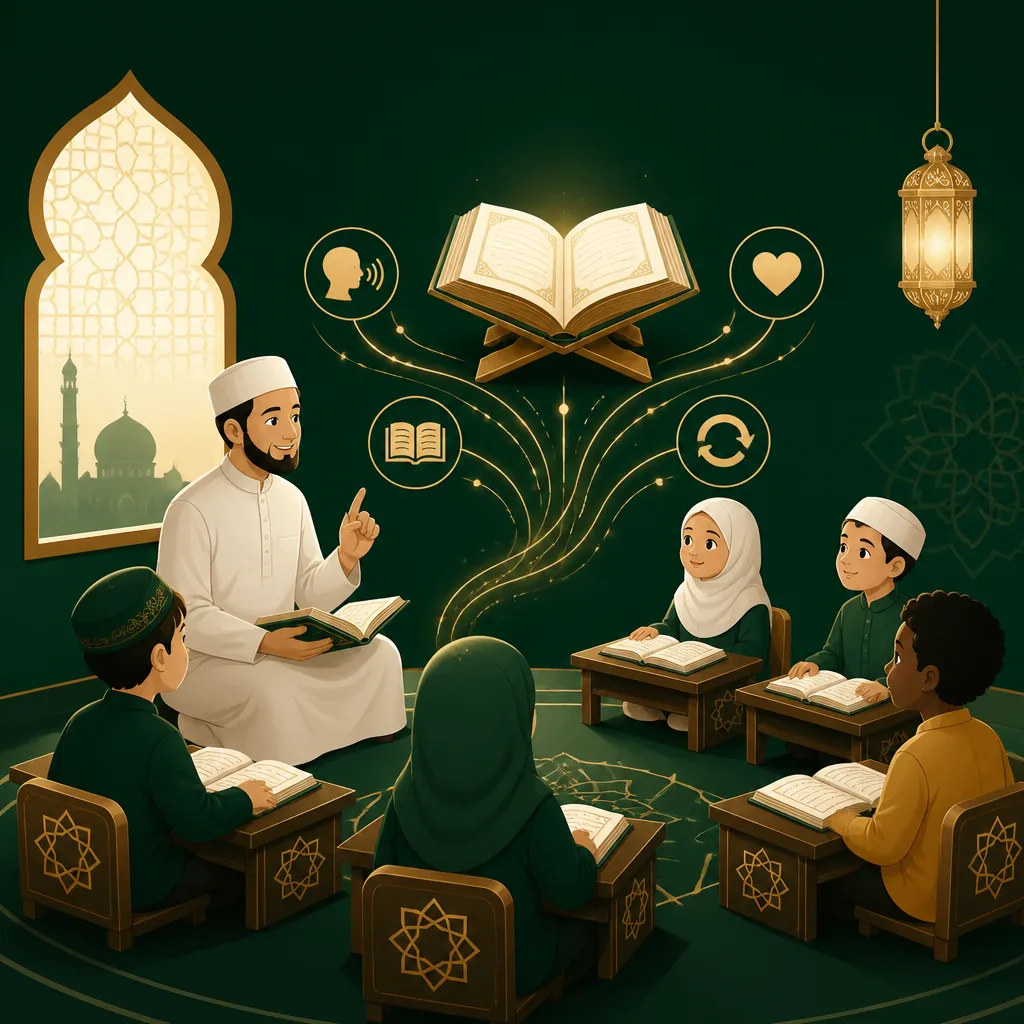 Illustration representing a weekly Quran memorization class with memorization, tajweed guidance, and review.