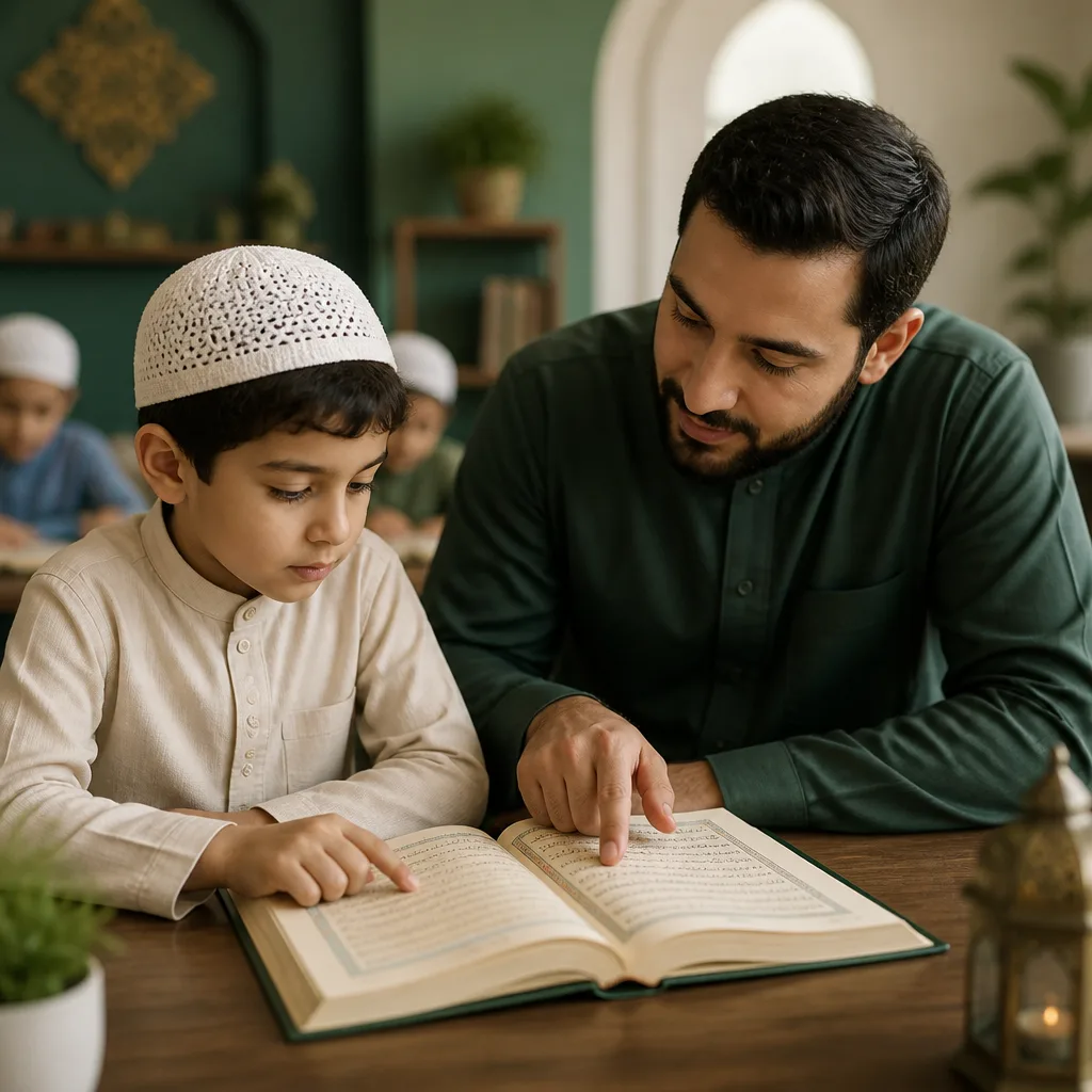 Teacher-guided Quran memorization setting with a child and Quran in a serene community classroom.
