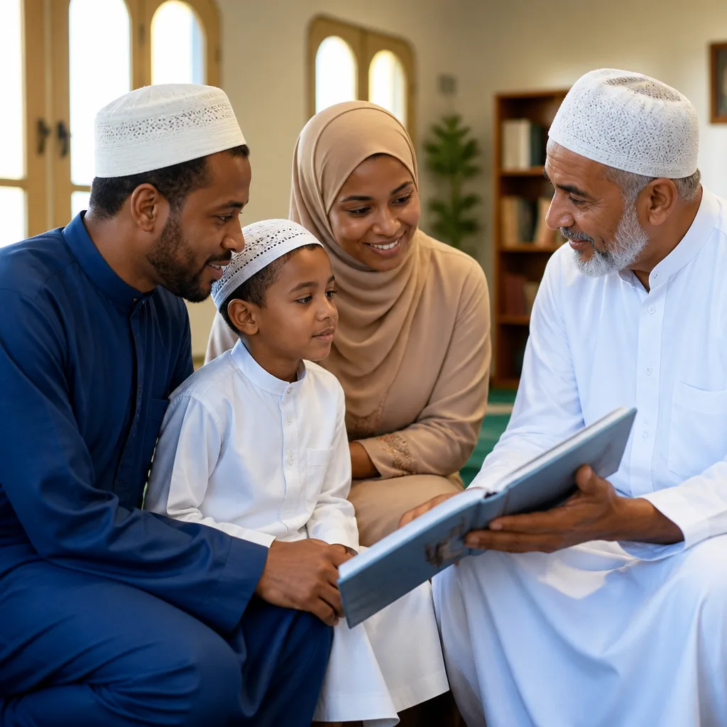 New Muslim family learning with a teacher in a warm community room