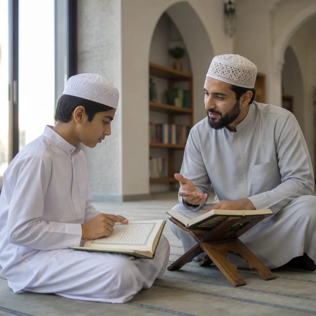 Youth studying Qur’an alongside Islamic studies materials with teacher mentorship