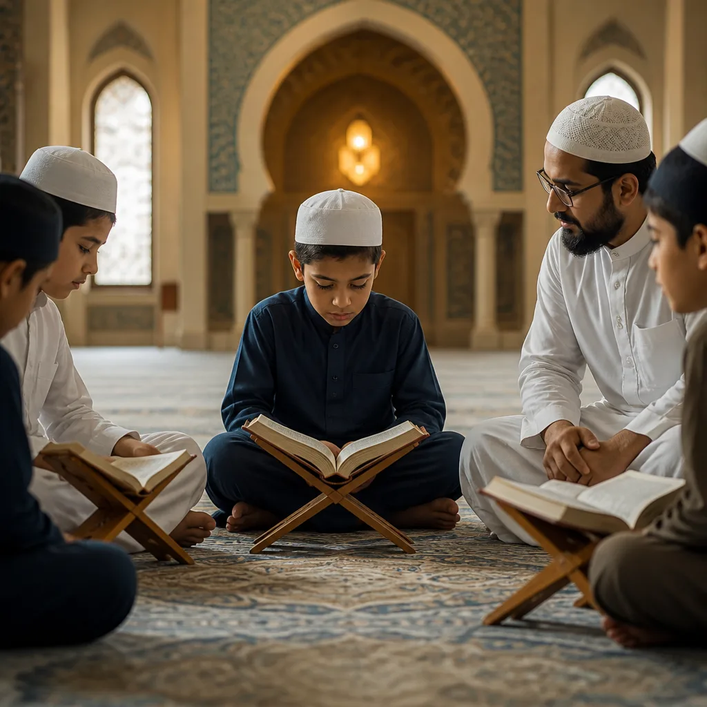 Students reciting Qur’an with teacher guidance in a structured learning circle